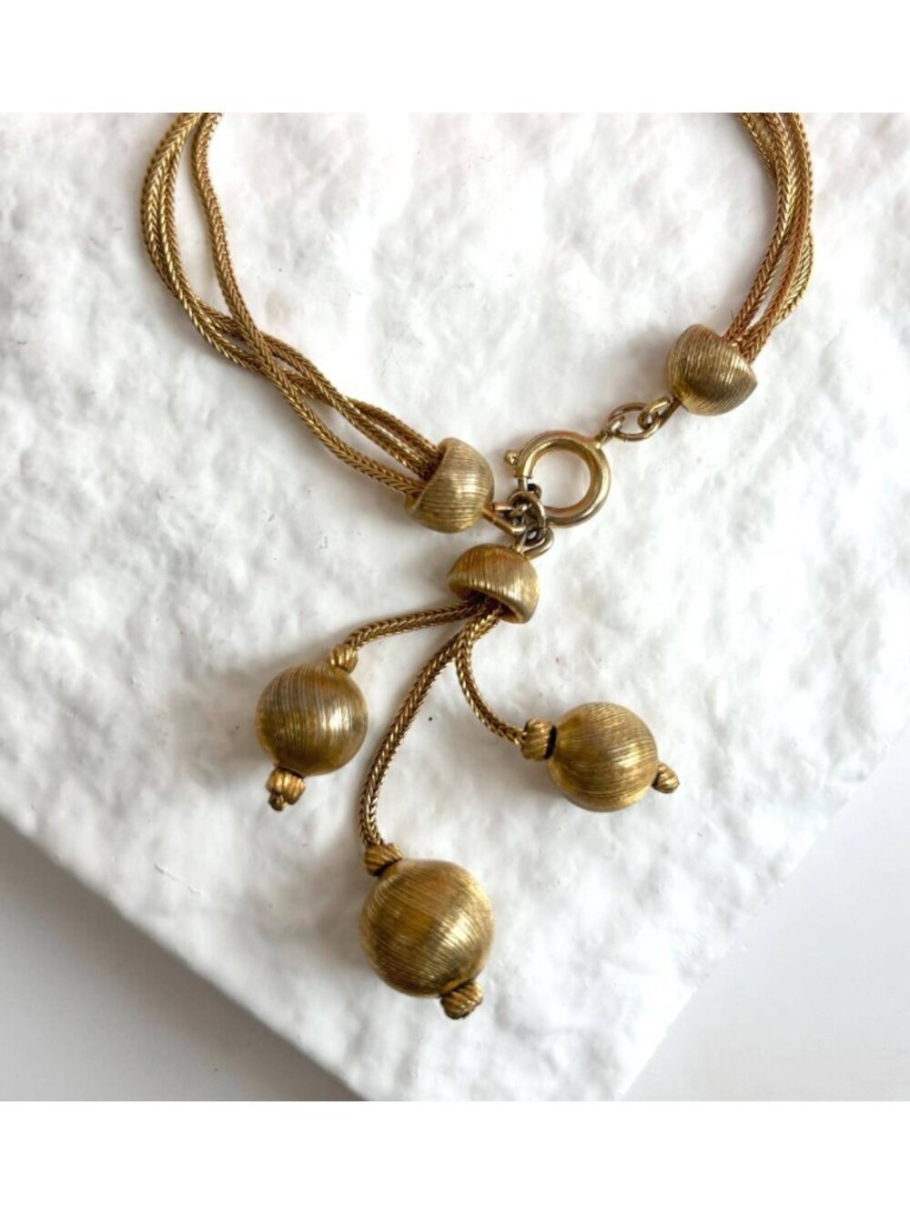 Beaded Triple Round Charm Snake Chain Gold Toned Vintage 80's Bracelet